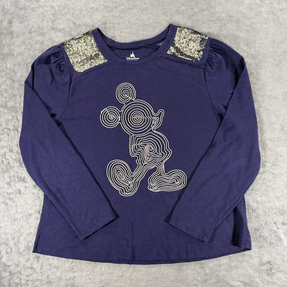 Disney Parks MICKEY MOUSE Motif Sequin Long Sleeve T-Shirt Ladies 1X Navy Blue‎